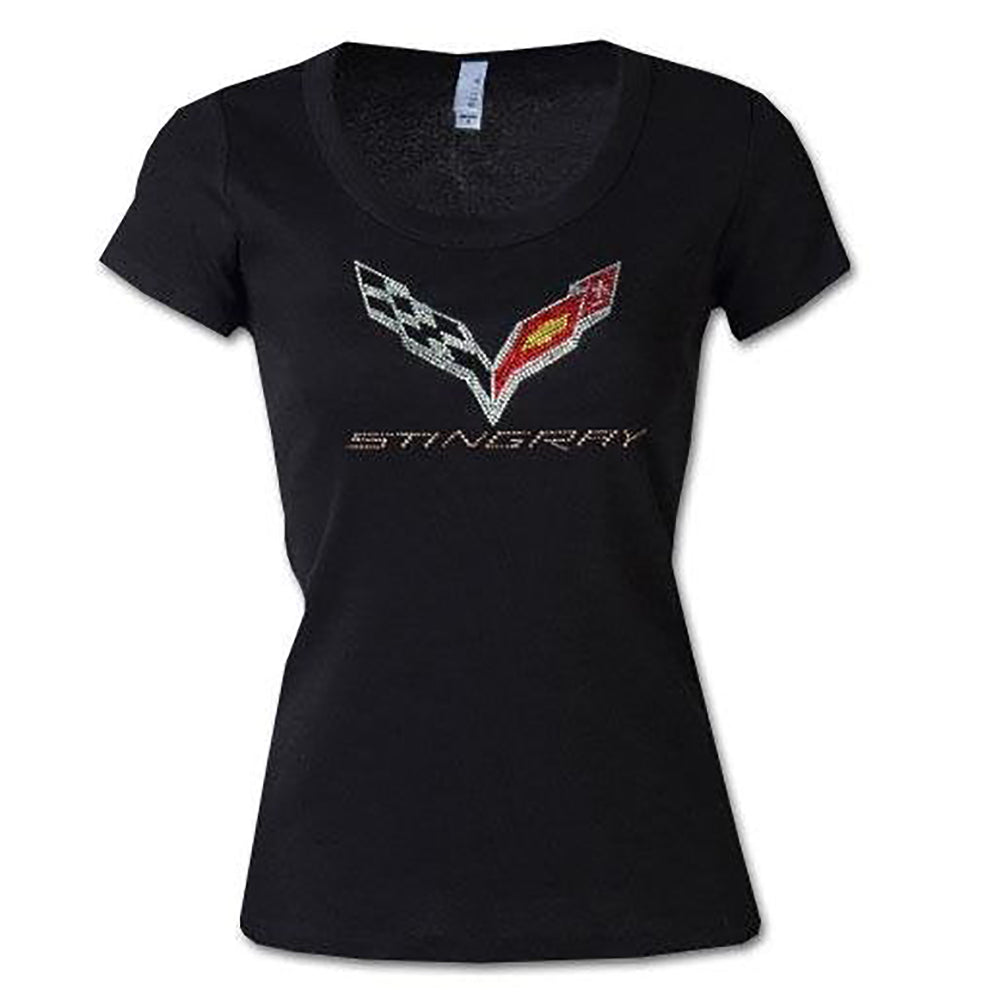 C7 Corvette - Ladies Rhinestone Scoop Neck Tee : C7 Flag Logo w/Stingray Script