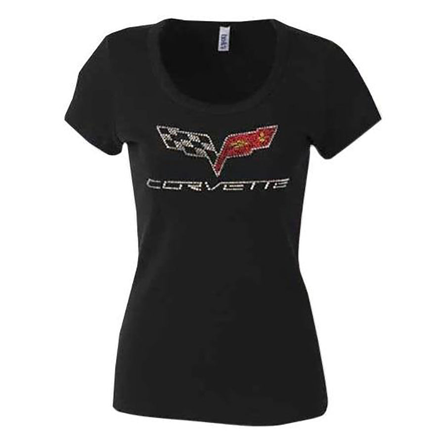 Corvette - Ladies Crossed Flags Rhinestone Scoop Neck Tee : C6 2005-13