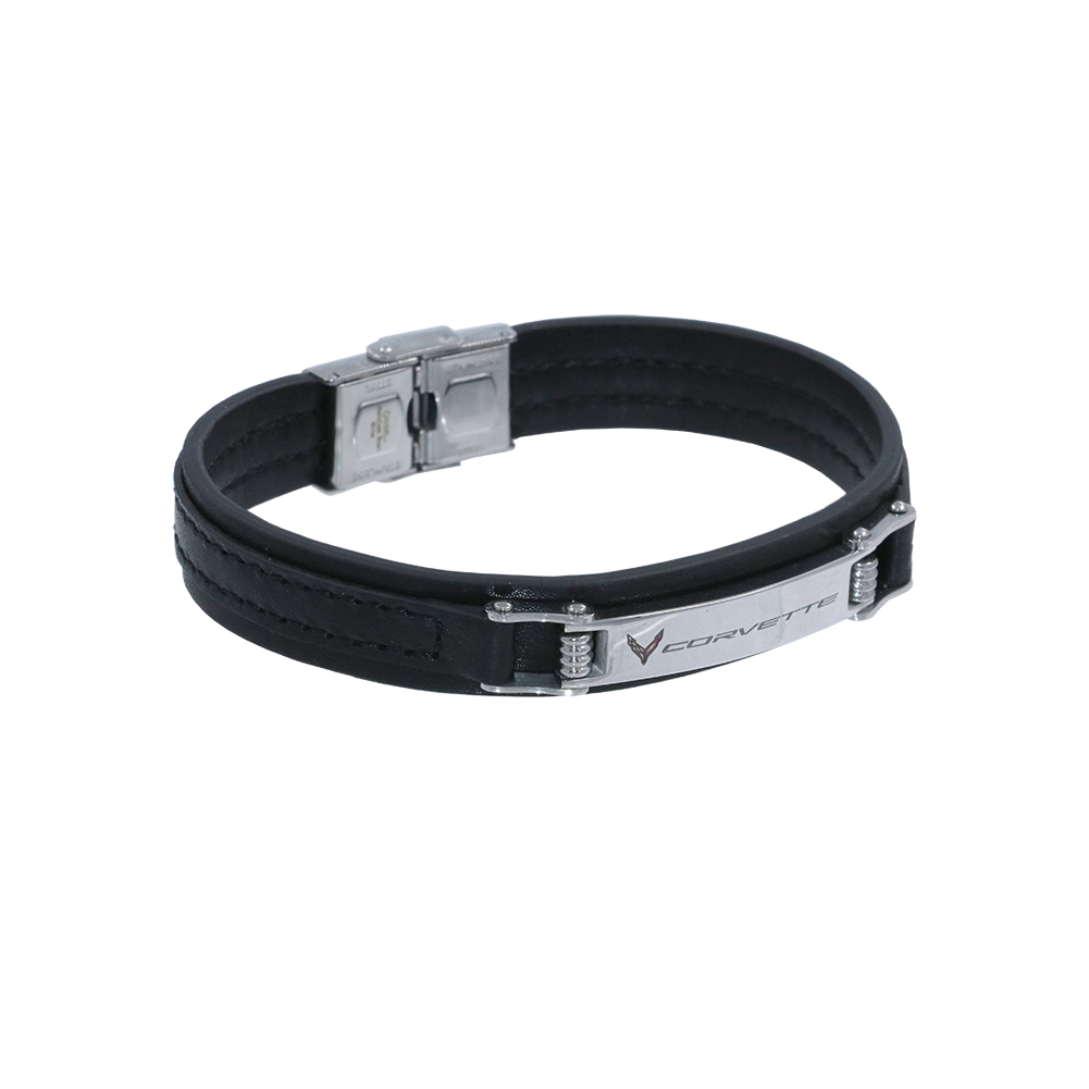 C8 Corvette Black Leather, Stainless Steel Bracelet – 8.25″