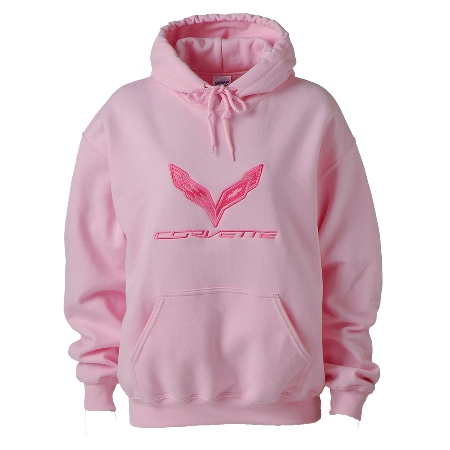 Corvette Ladies Hooded (Hoodie) Sweatshirt - Embroidered Pink : C7 Stingray