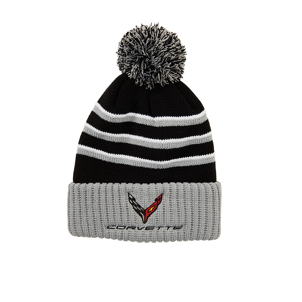 C8 Corvette Knitted Beanie W/Pom : Gray/Black