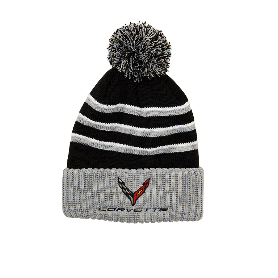 C8 Corvette Knitted Beanie W/Pom : Gray/Black