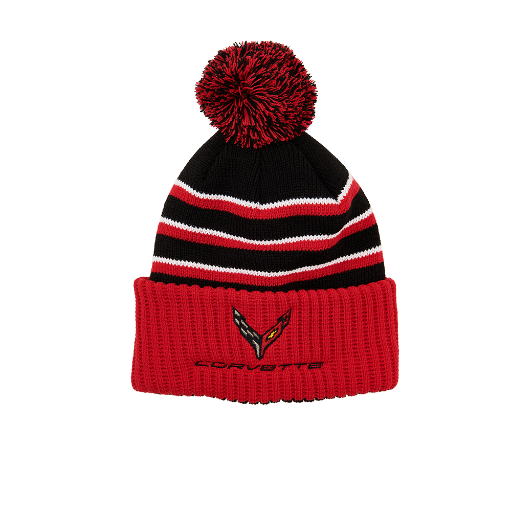 C8 Corvette Knitted Beanie W/Pom : Red/Black