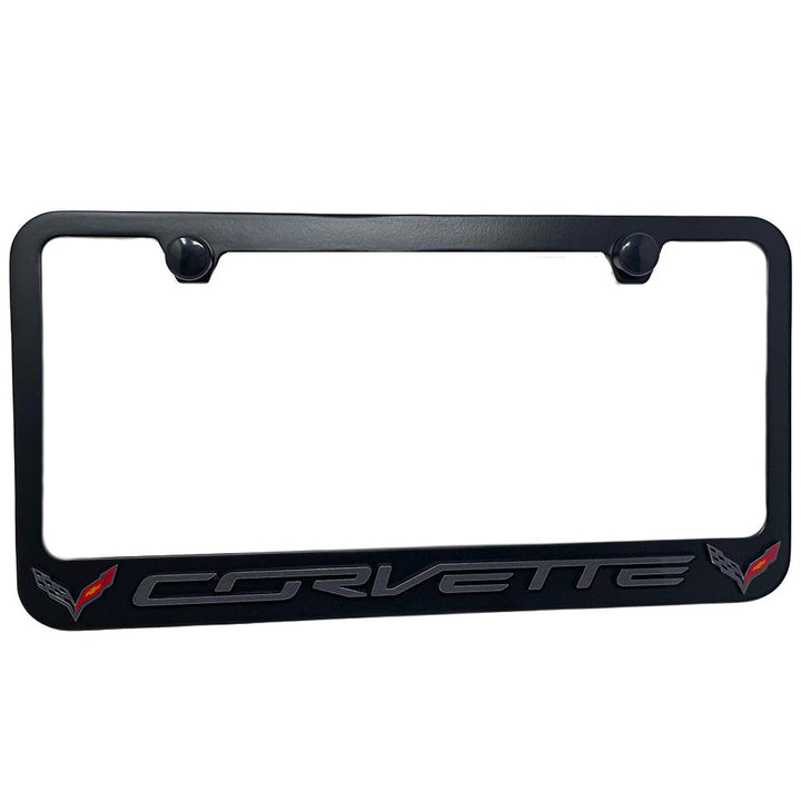 2014-2019 C7 Corvette License Plate Frame -DK Gray Script With Colored Crossed Flags Logo : Black,License Plate Frames