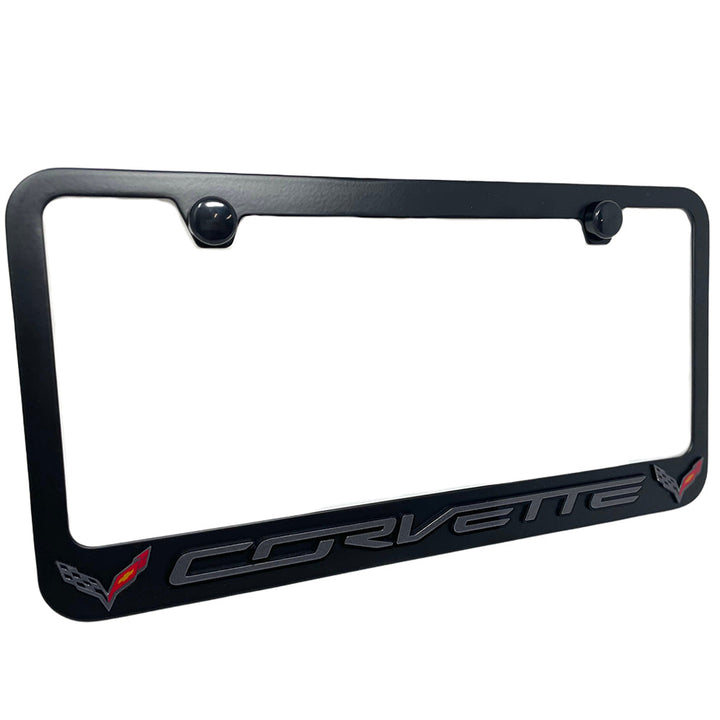 2014-2019 C7 Corvette License Plate Frame -DK Gray Script With Colored Crossed Flags Logo : Black,License Plate Frames