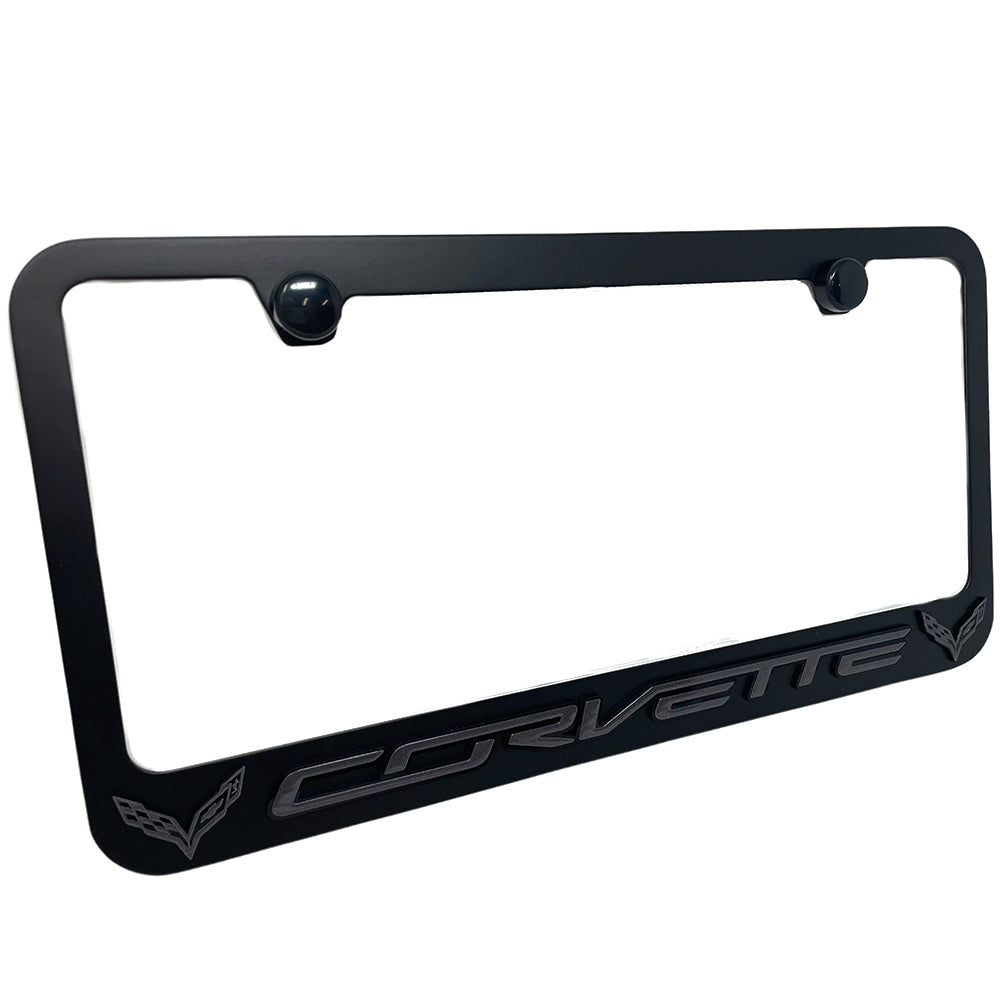 2014-2019 C7 Corvette License Plate Frame -Black Script & Crossed Flags Logo : Black,License Plate Frames