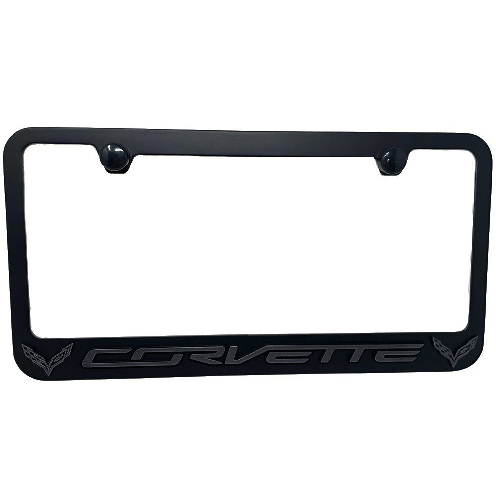 2014-2019 C7 Corvette License Plate Frame -Black Script & Crossed Flags Logo : Black,License Plate Frames