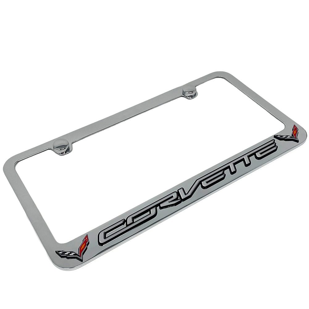 2014-2019 C7 Corvette License Plate Frame - Chrome with Corvette Script & Crossed Flags Logo,License Plate Frames