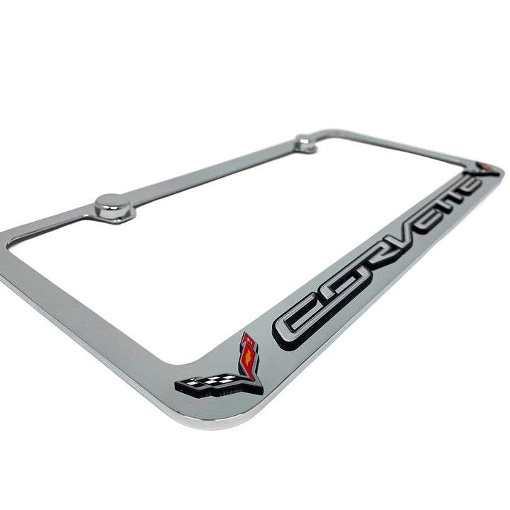 2014-2019 C7 Corvette License Plate Frame - Chrome with Corvette Script & Crossed Flags Logo,License Plate Frames