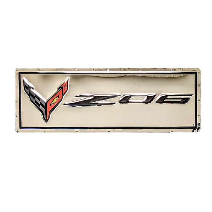 C8 Z06 Corvette w/ Flags Stainless Sign - Chrome 35" x 12",Signs & Flags