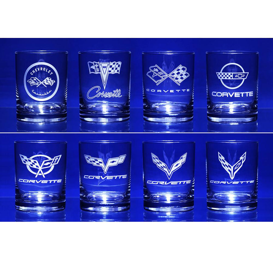 Corvette Glassware Engraved Generations C1-C8 : 13.5 oz. Set of 8,Glassware & Mugs