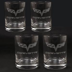 C6 Corvette Cross Flag Etched Old Fashioned Glasses (Set of 4),Home & Office