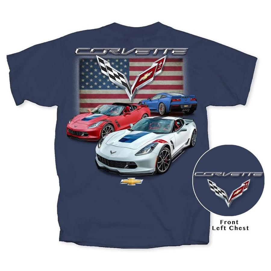 Corvette USA American Flag Tee Shirt - Blue : C7 Grand Sport